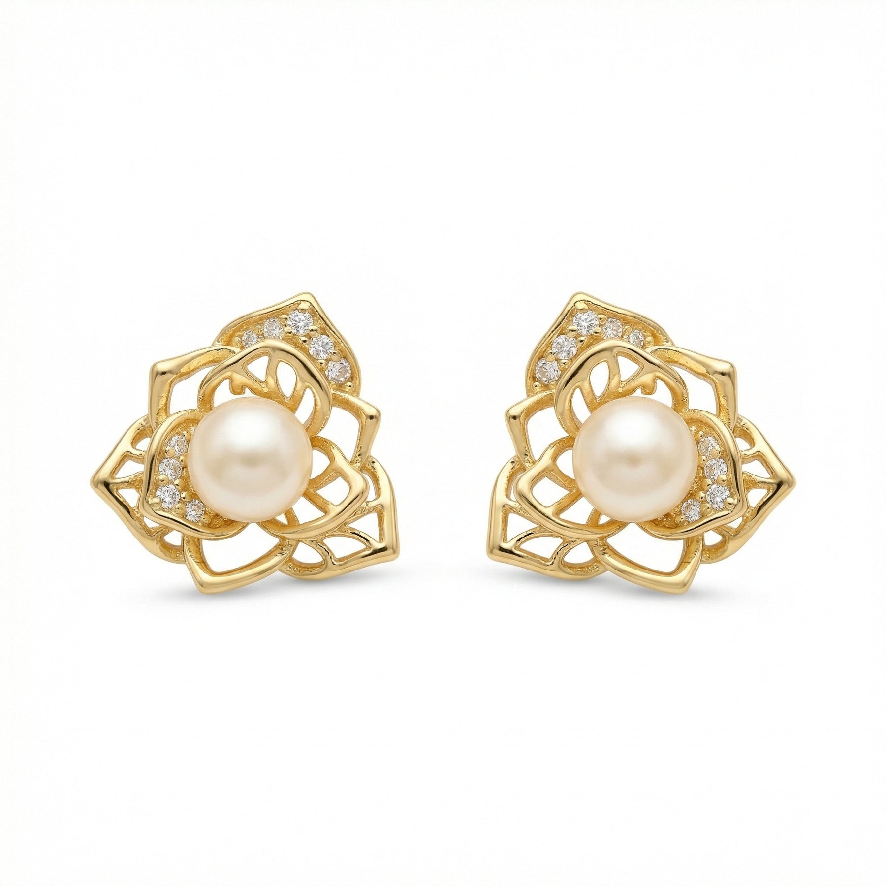 Floral Pearl Openwork Stud Earrings – pearl earrings, front view