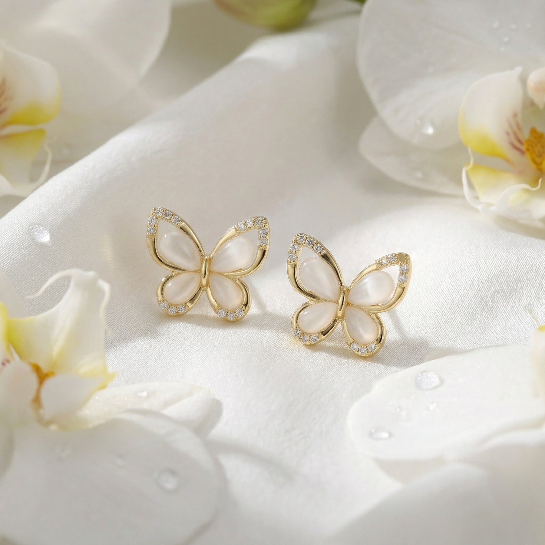 Butterfly Studs, White Inlay Wings – sterling silver earrings, side detail