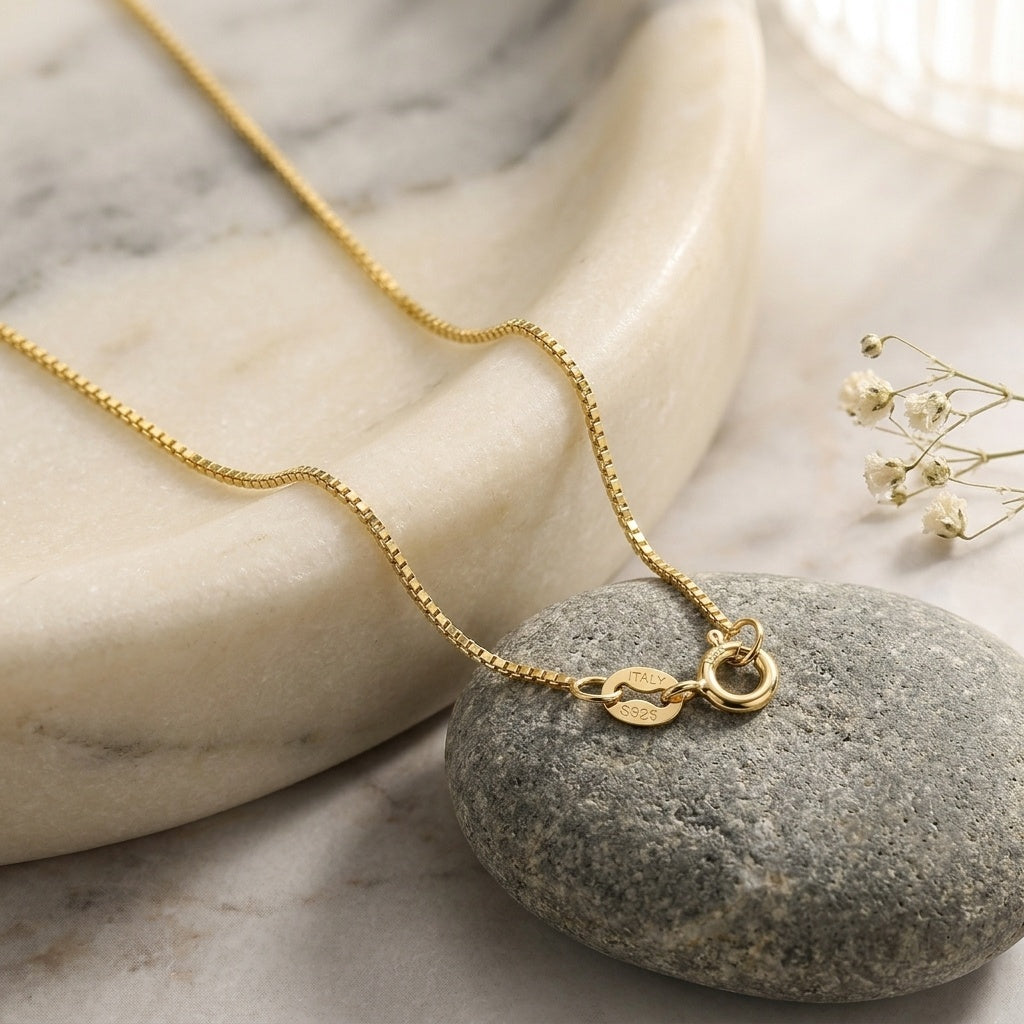 Italian Gold-Plated Box Chain Necklace – gold-plated necklace, close-up