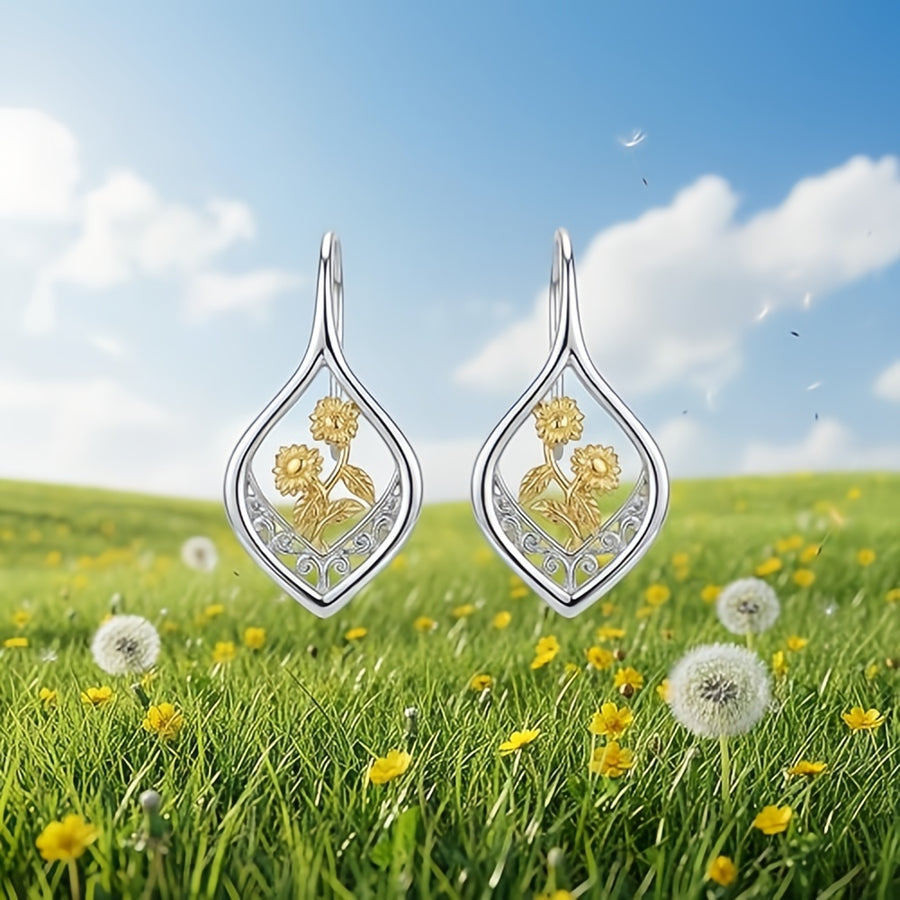 Sunflower Filigree Dangle Earrings – gold-plated earrings, front view