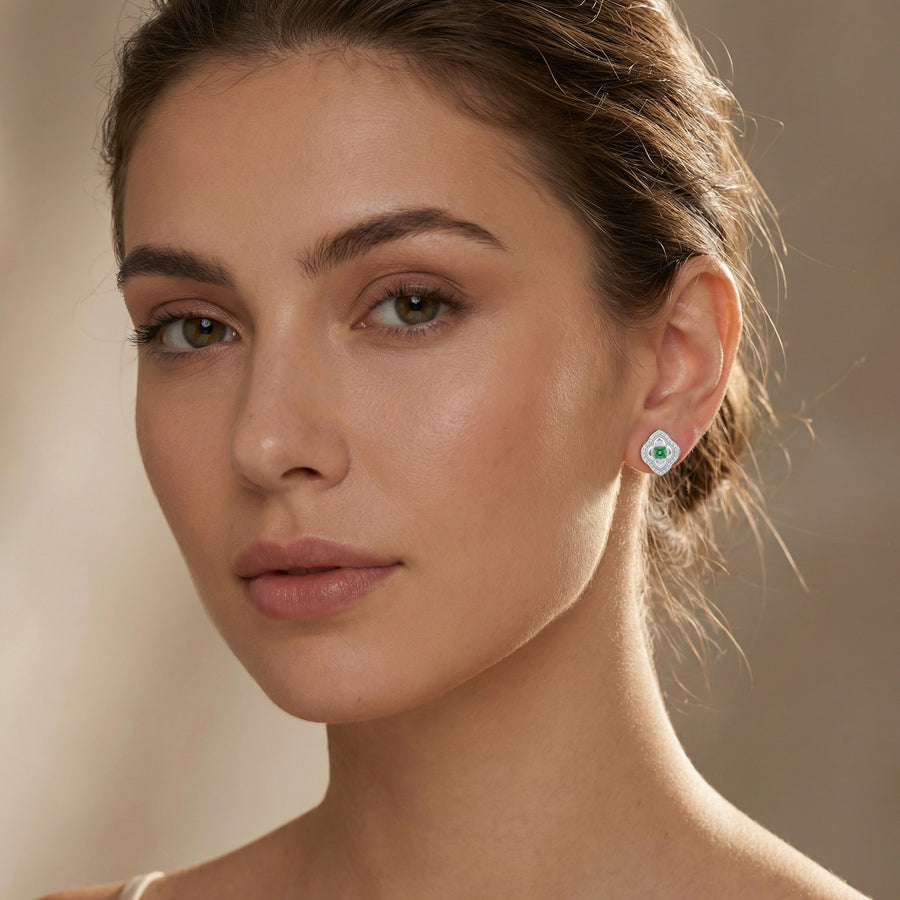 Green stone Quatrefoil Halo Stud Earrings – green stone earrings, front view