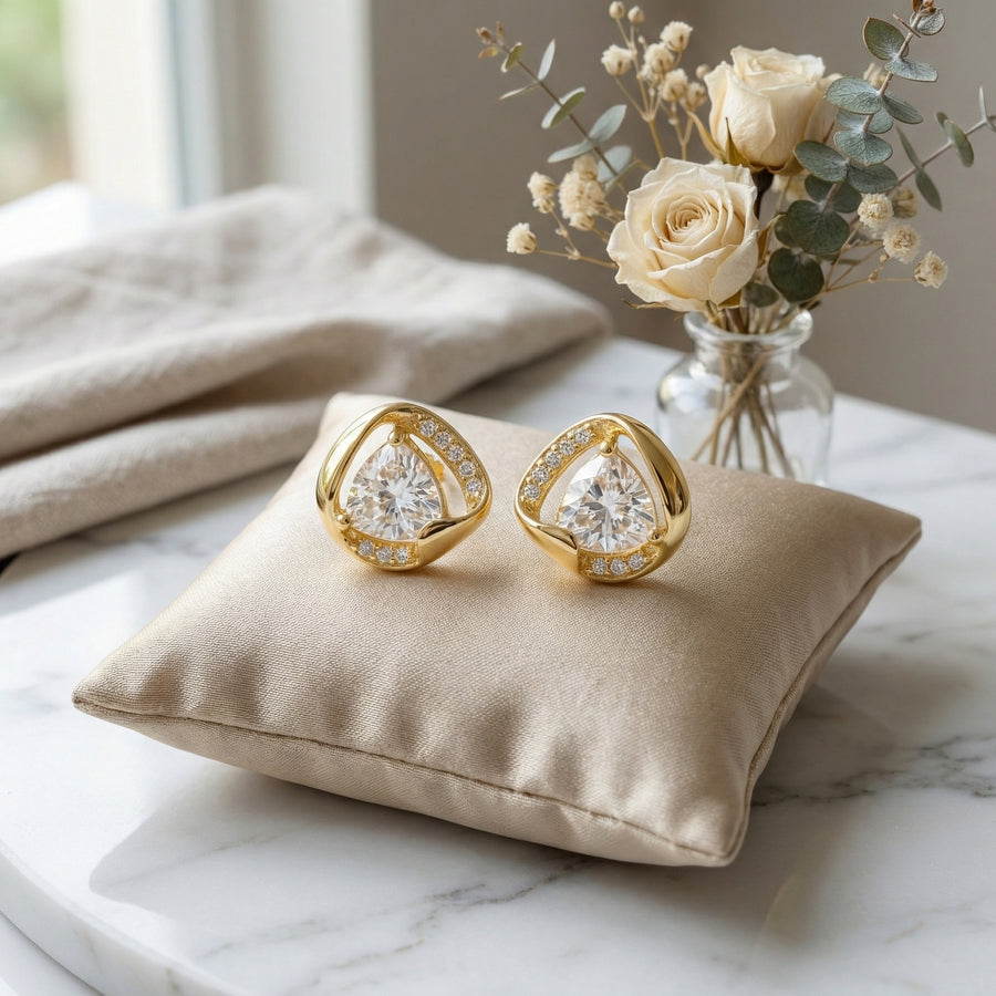 Trillion-Cut Pavé Stud Earrings – sterling silver earrings, close-up