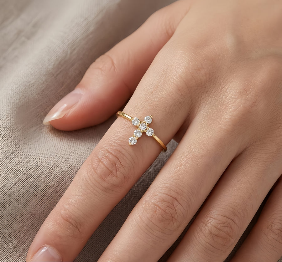 gold-plated Cross Ring with CZ Accents – zircon ring