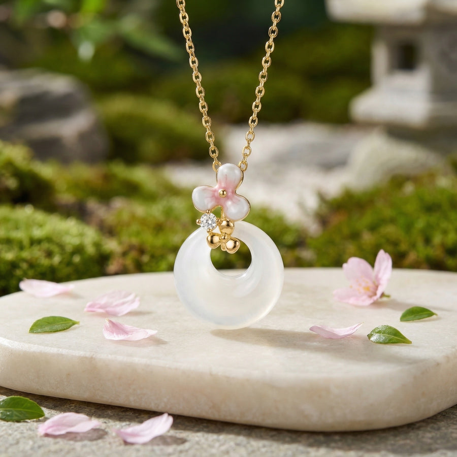 White Jade Donut Necklace, Pink Blossom – jade necklace