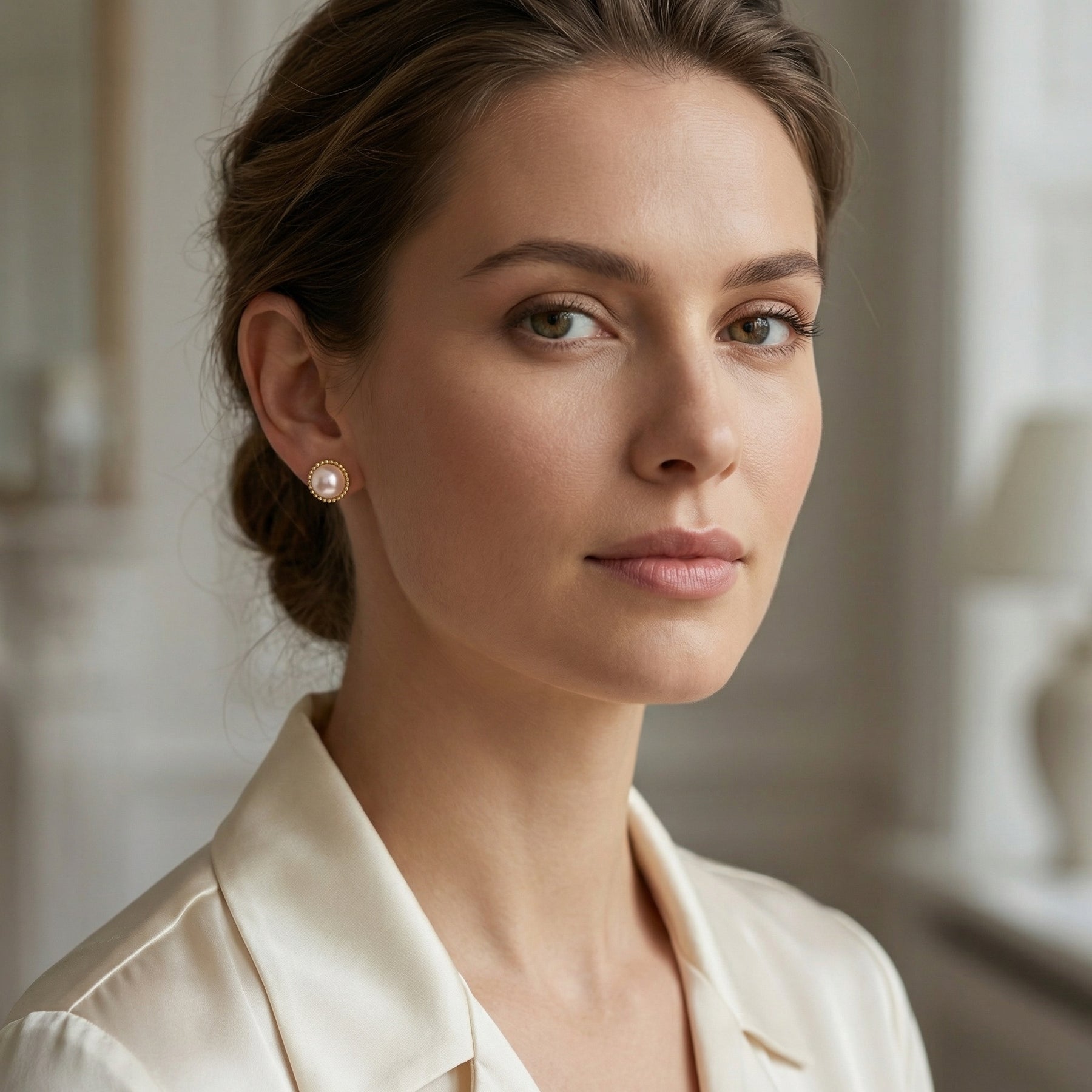 Pink Pearl Milgrain Stud Earrings – pearl earrings, front view