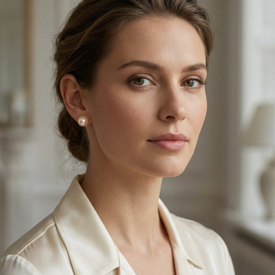 Pink Pearl Milgrain Stud Earrings – pearl earrings, front view