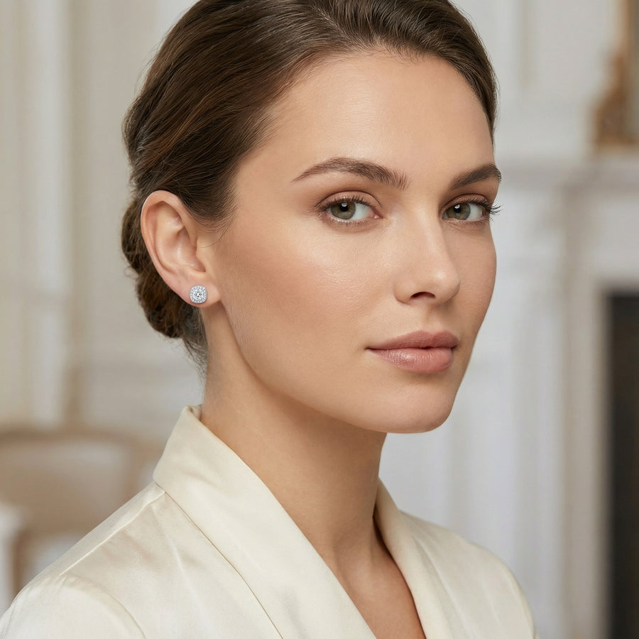 Cushion-Cut Halo Studs, White Finish – sterling silver earrings, side detail