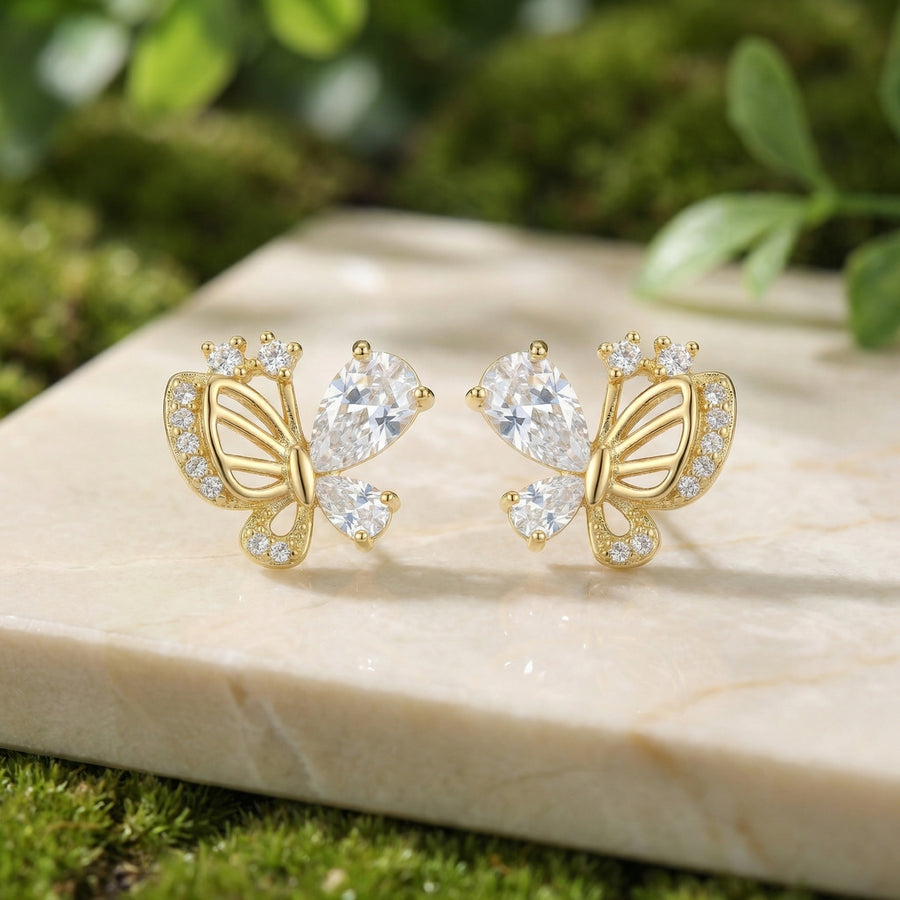 Butterfly Studs, Pear and Round Cuts – sterling silver earrings, front view