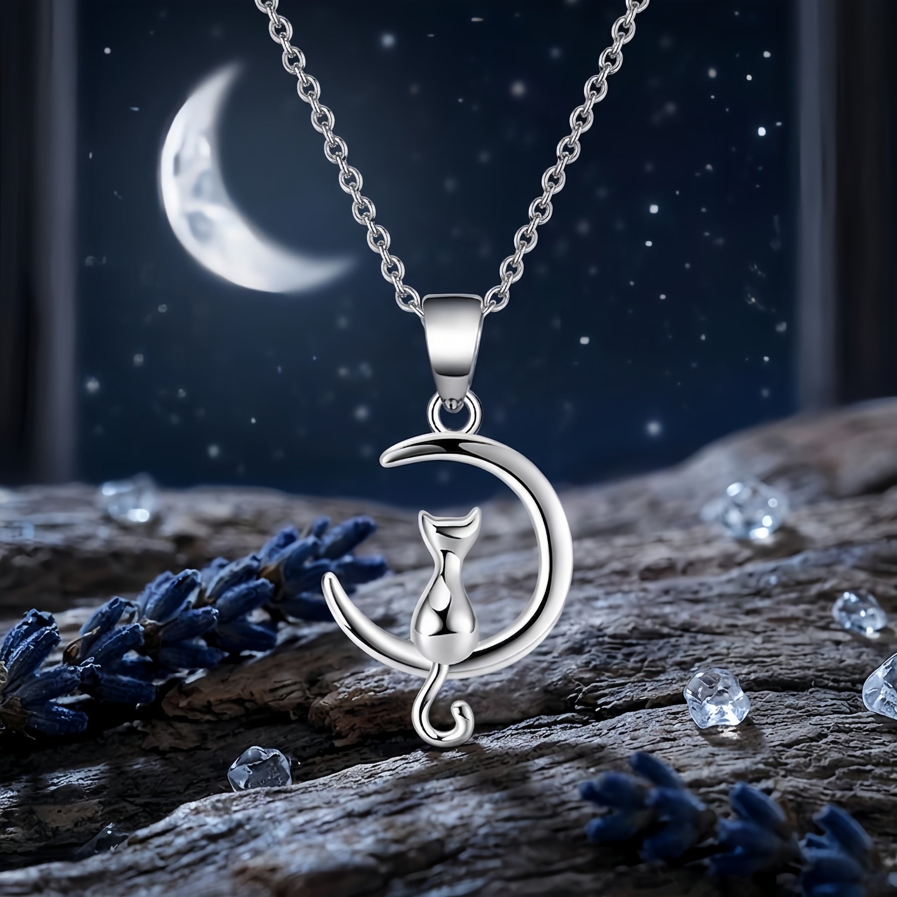 Cat on Crescent Moon Pendant Necklace – sterling silver necklace, side detail
