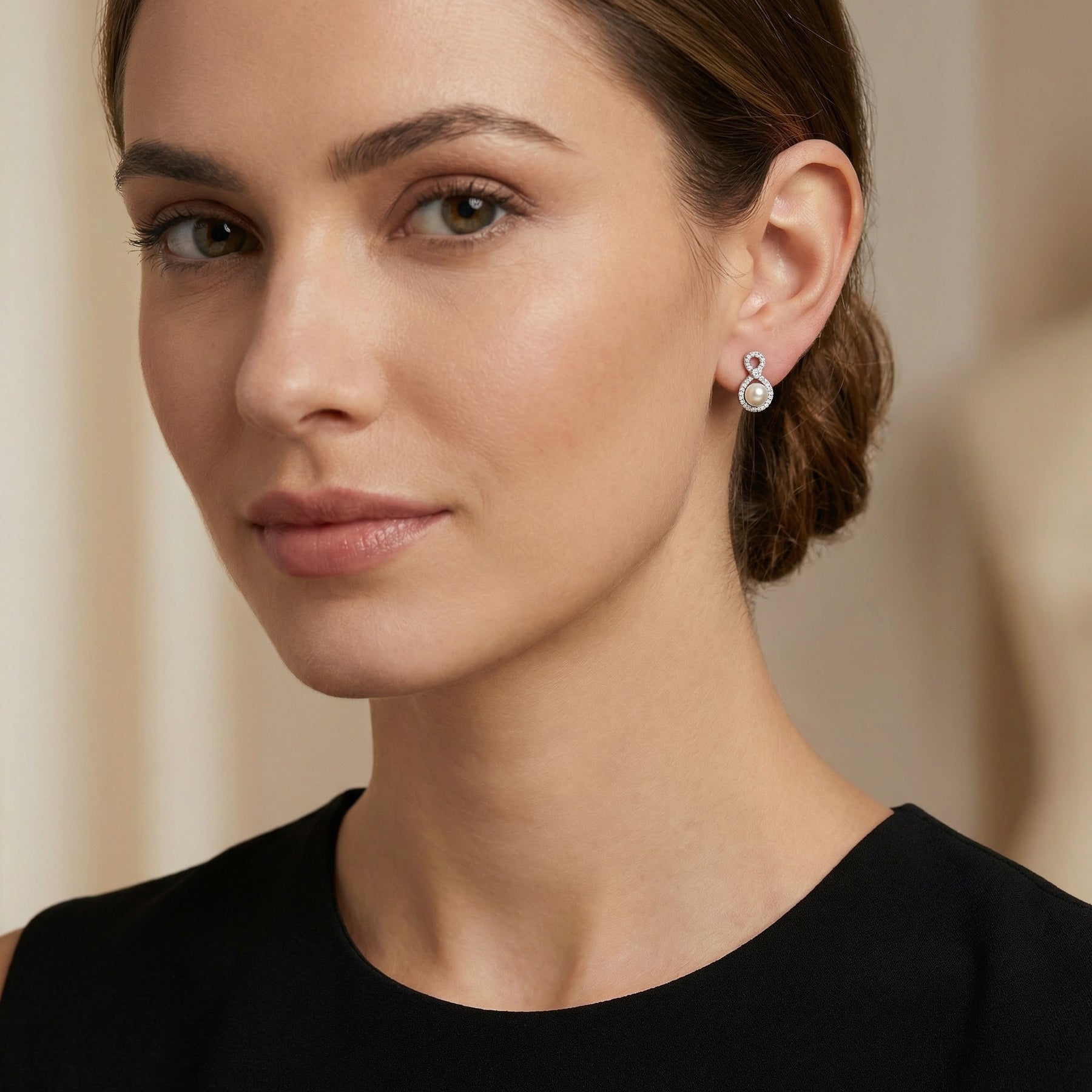 Pearl Infinity Drop Earrings – pearl earrings, close-up