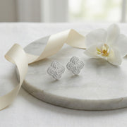 Quatrefoil Sparkling stone Cluster Studs – sterling silver earrings, close-up