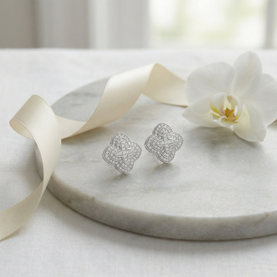 Quatrefoil Sparkling stone Cluster Studs – sterling silver earrings, close-up