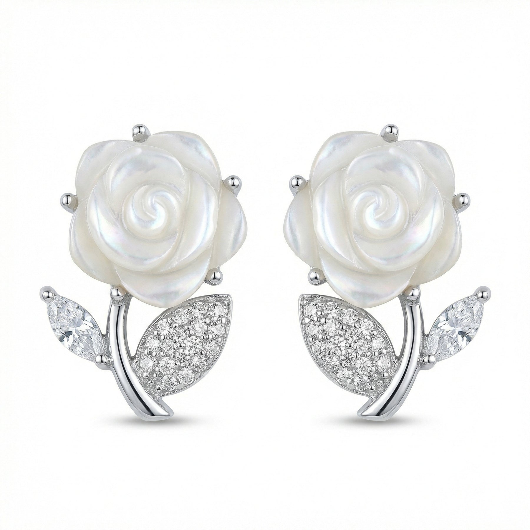 Mother-of-Pearl Rose Leaf Earrings – mother-of-pearl earrings, front view