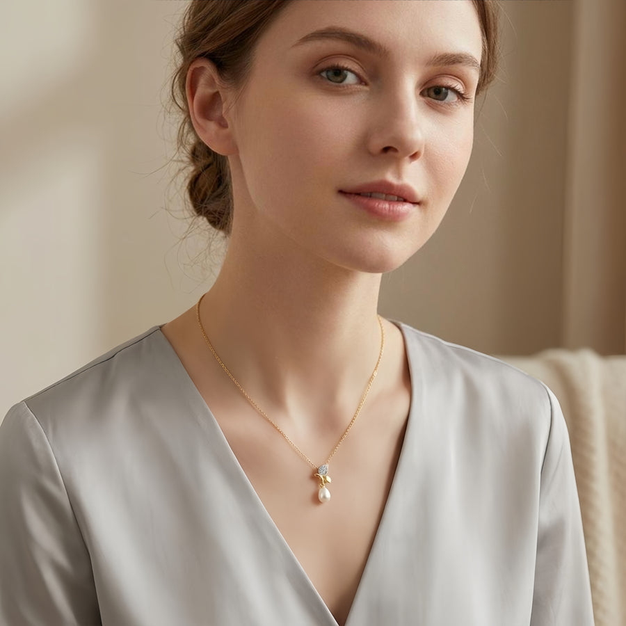 Floral Pearl Drop Necklace – pearl necklace, close-up