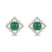 Green Cabochon Floral Halo Studs – sterling silver earrings, close-up