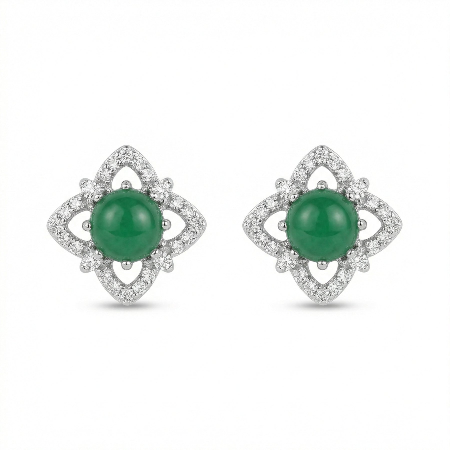 Green Cabochon Floral Halo Studs – sterling silver earrings, close-up