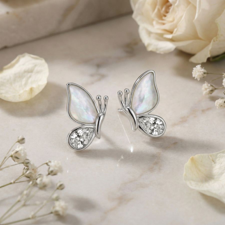 Iridescent Butterfly Stud Earrings – sterling silver earrings, front view