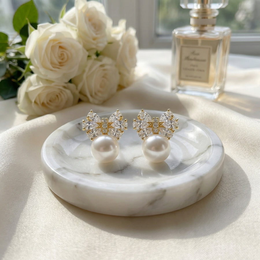 Bow-Shaped Pearl Stud Earrings – pearl earrings, front view
