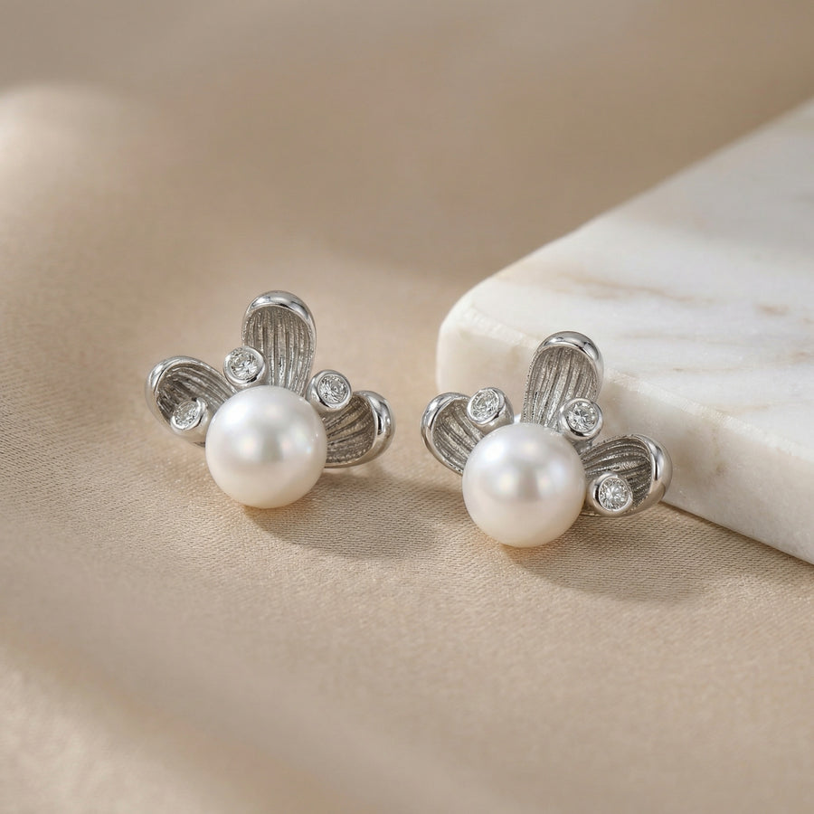 Pearl Studs with Textured Petals – pearl earrings, side detail
