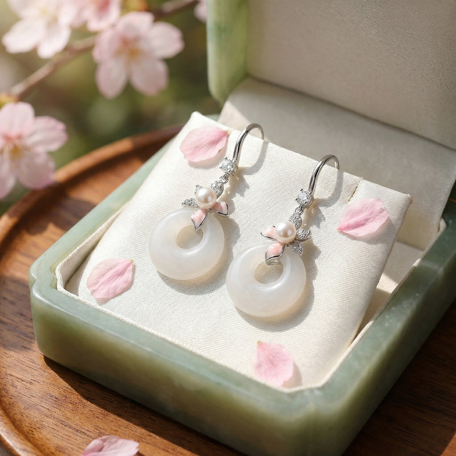 White Jade and Pearl Floral Drops – jade earrings, side detail