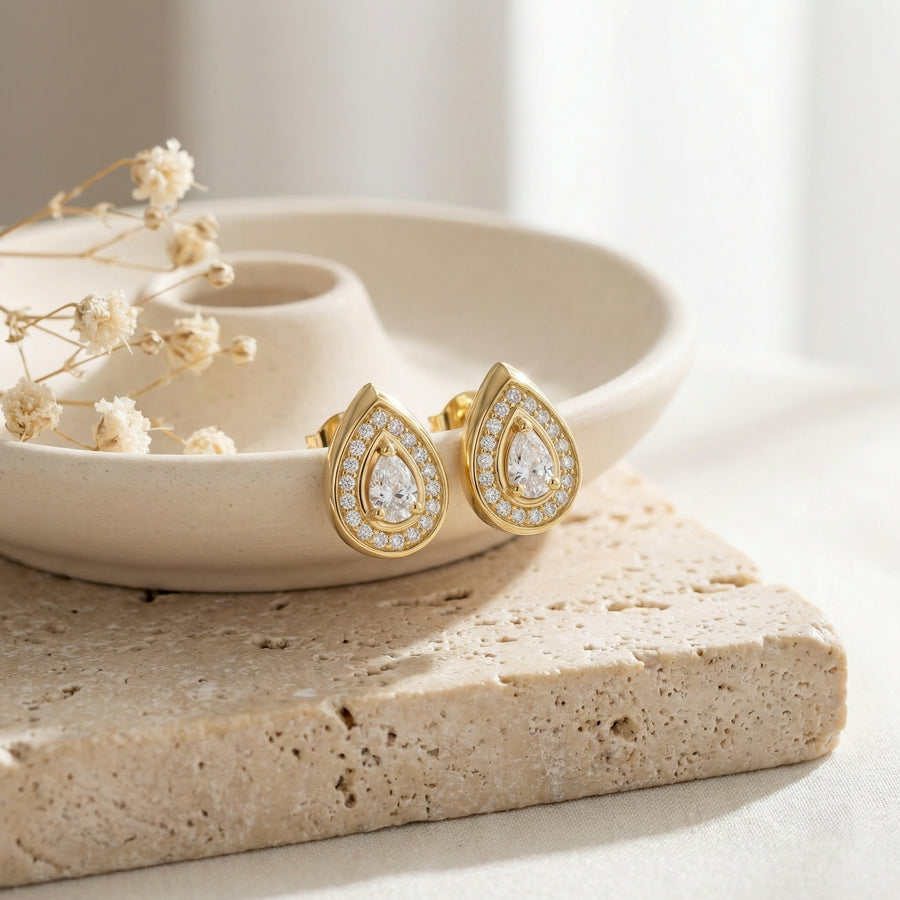 Pear-Cut Halo Teardrop Studs II – sterling silver earrings