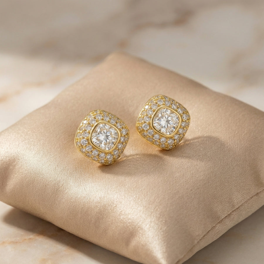 Cushion Halo Square Stud Earrings – sterling silver earrings, close-up