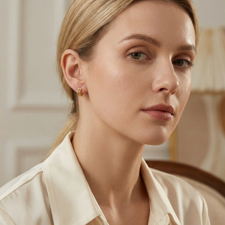 Double-Bar Geometric Huggie Hoops – sterling silver earrings, front view