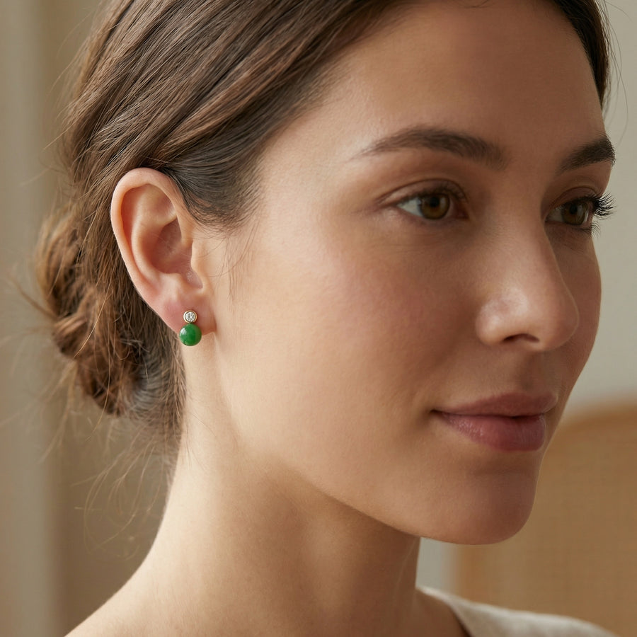 Green Jade Sphere Sparkling stone Accent Studs – jade earrings, side detail