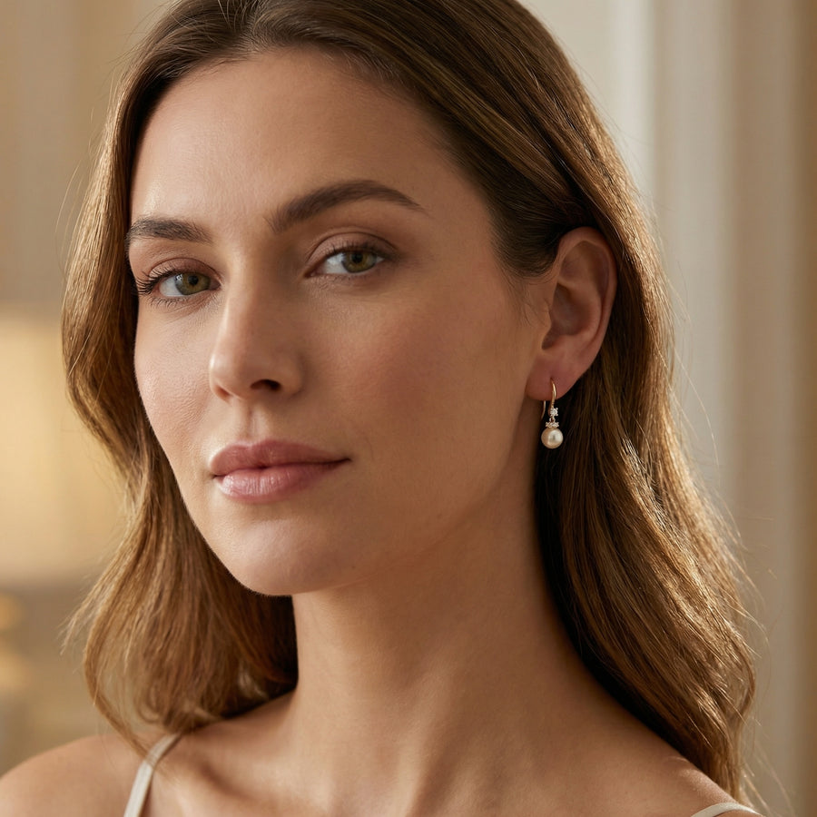 Pearl Drops with Sparkling stone Accent Hooks – pearl earrings, front view