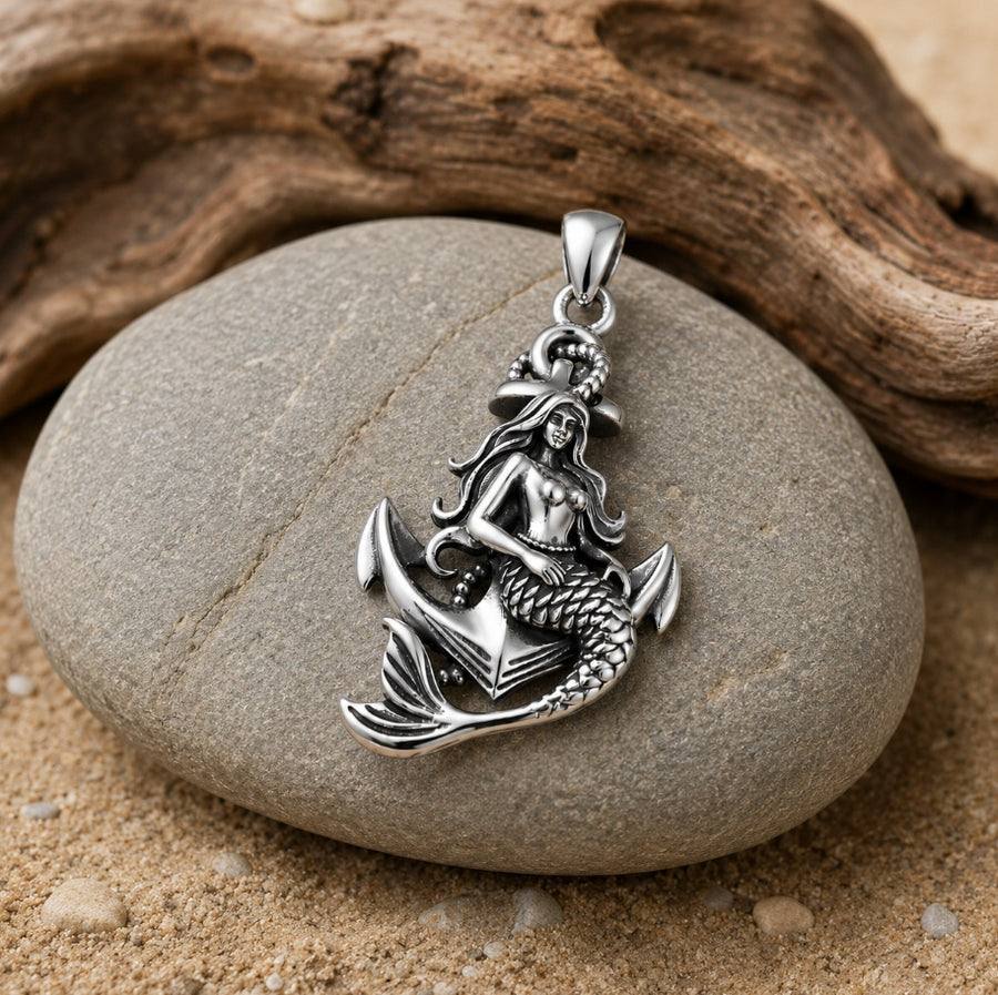 Mermaid Anchor Pendant Necklace – sterling silver necklace, front view