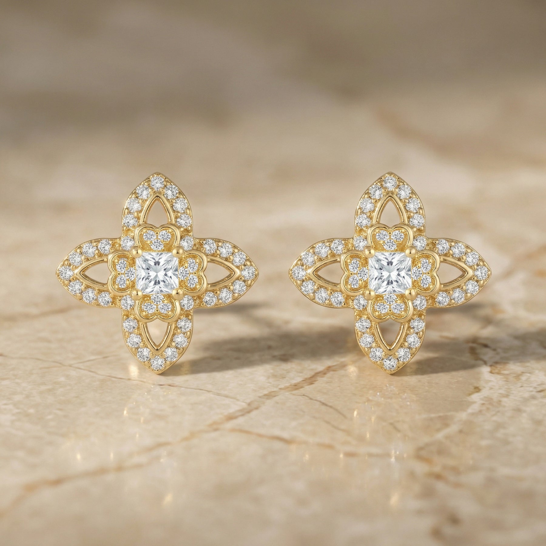 Quatrefoil CZ Princess-Cut Studs – zircon earrings