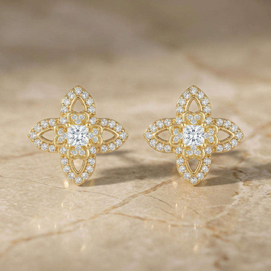 Quatrefoil CZ Princess-Cut Studs – zircon earrings