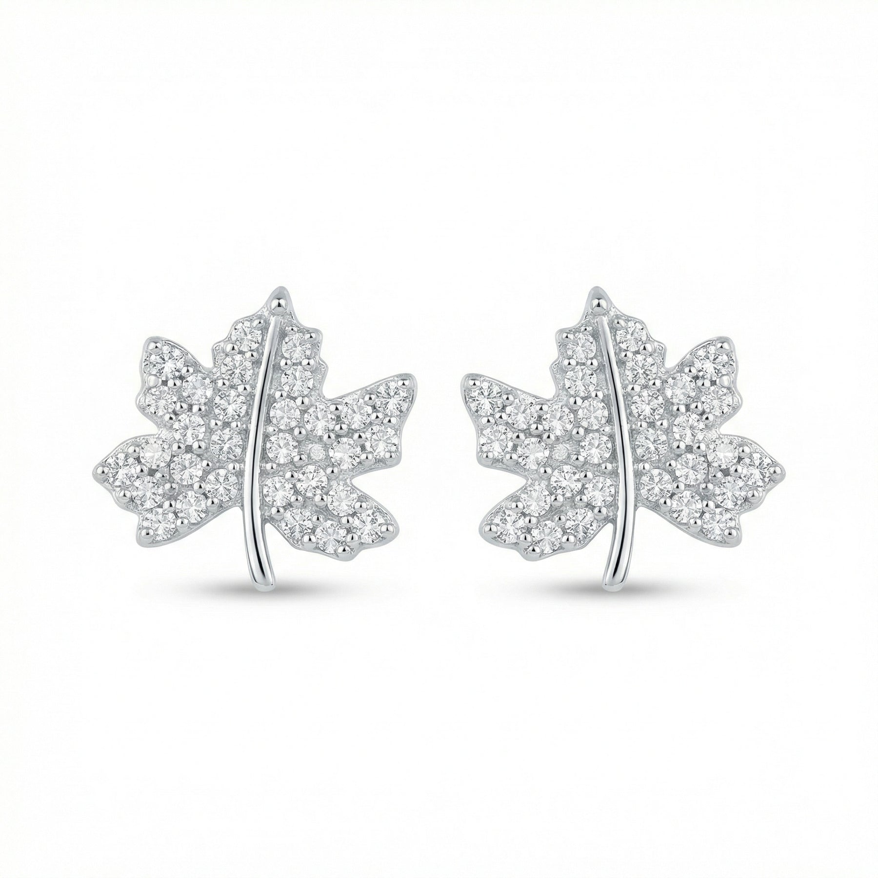 Maple Leaf Pavé Stud Earrings – sterling silver earrings, close-up