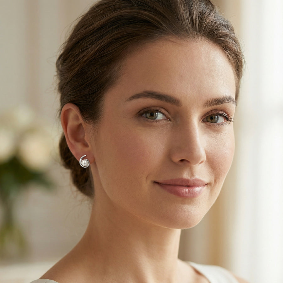 Silver Swirl Pearl Stud Earrings – pearl earrings, front view
