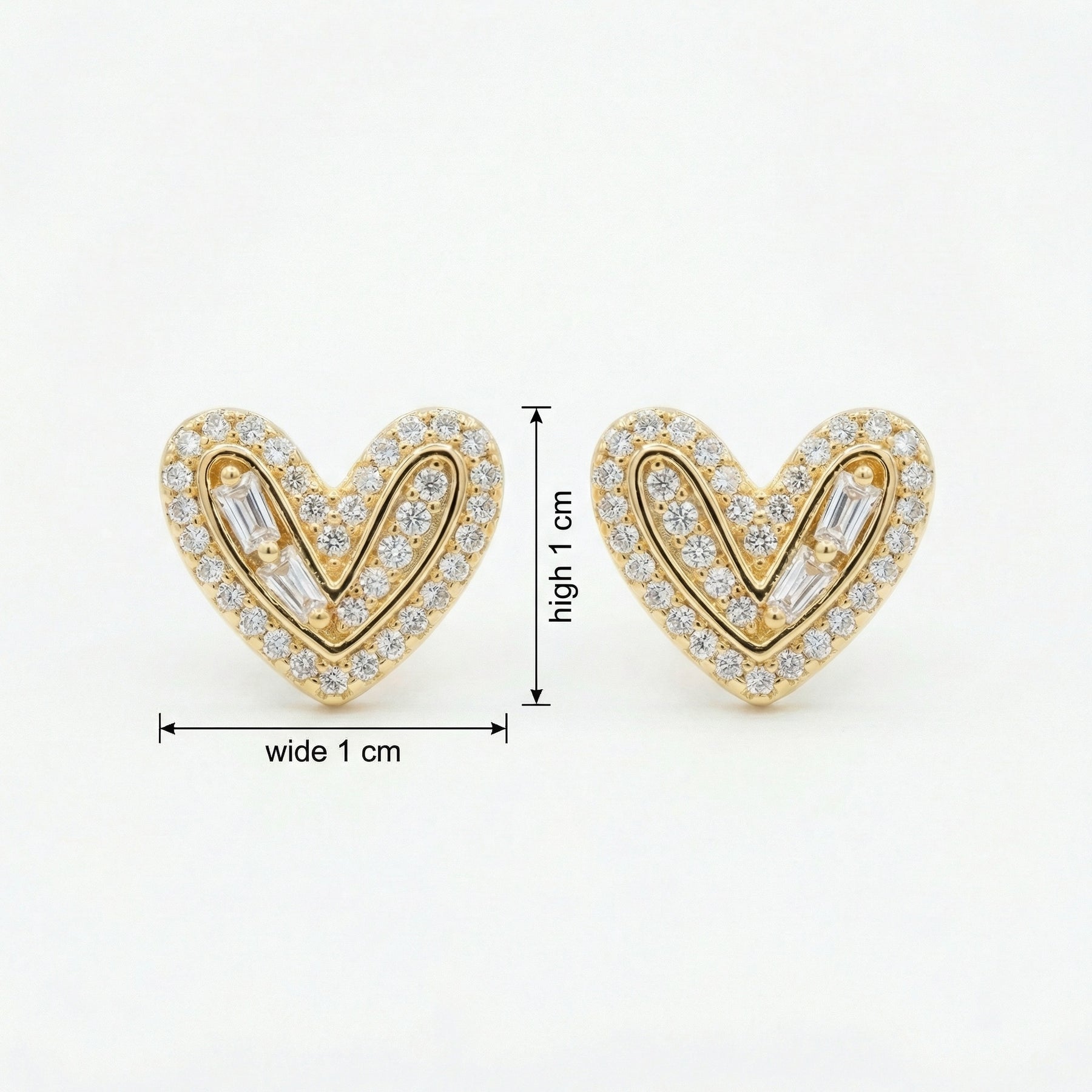 Sparkling stone Heart Studs, Baguette Accents – sterling silver earrings