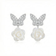 Butterfly and Rose Pearl Drop Earrings – pearl earrings, side detail