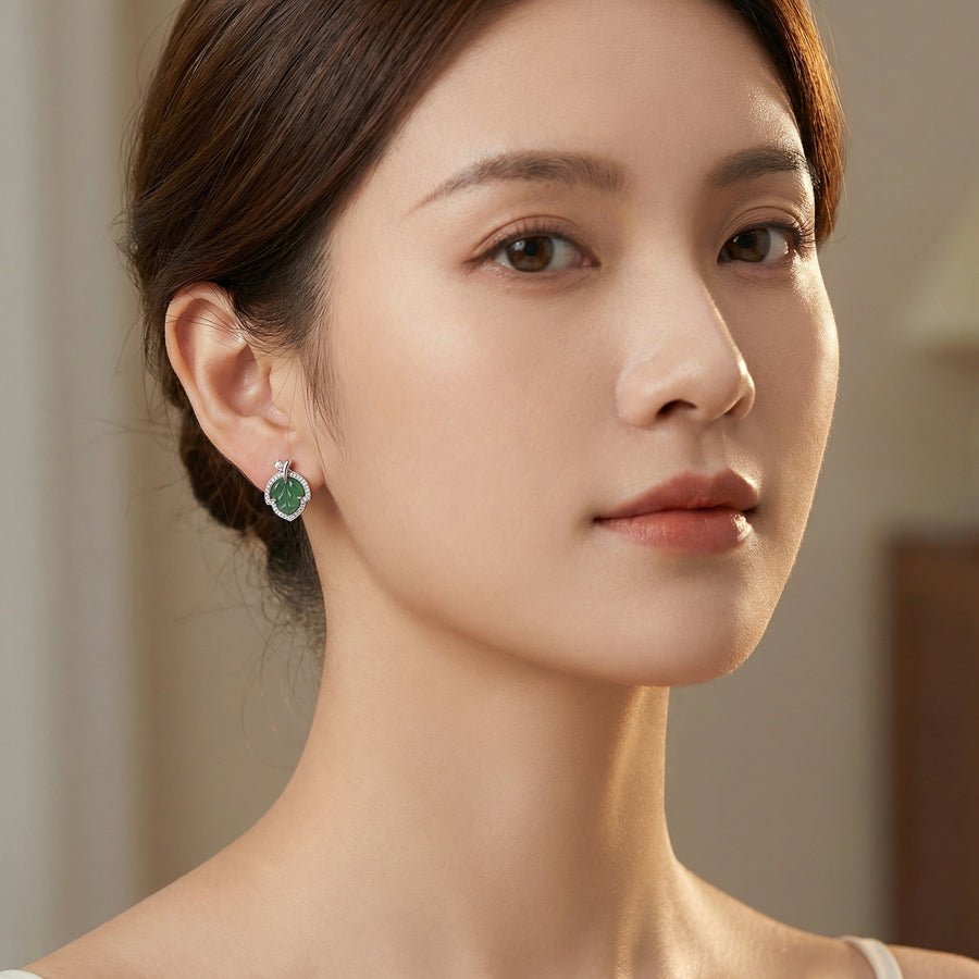 Carved Green Jade Leaf Stud Earrings – jade earrings, close-up