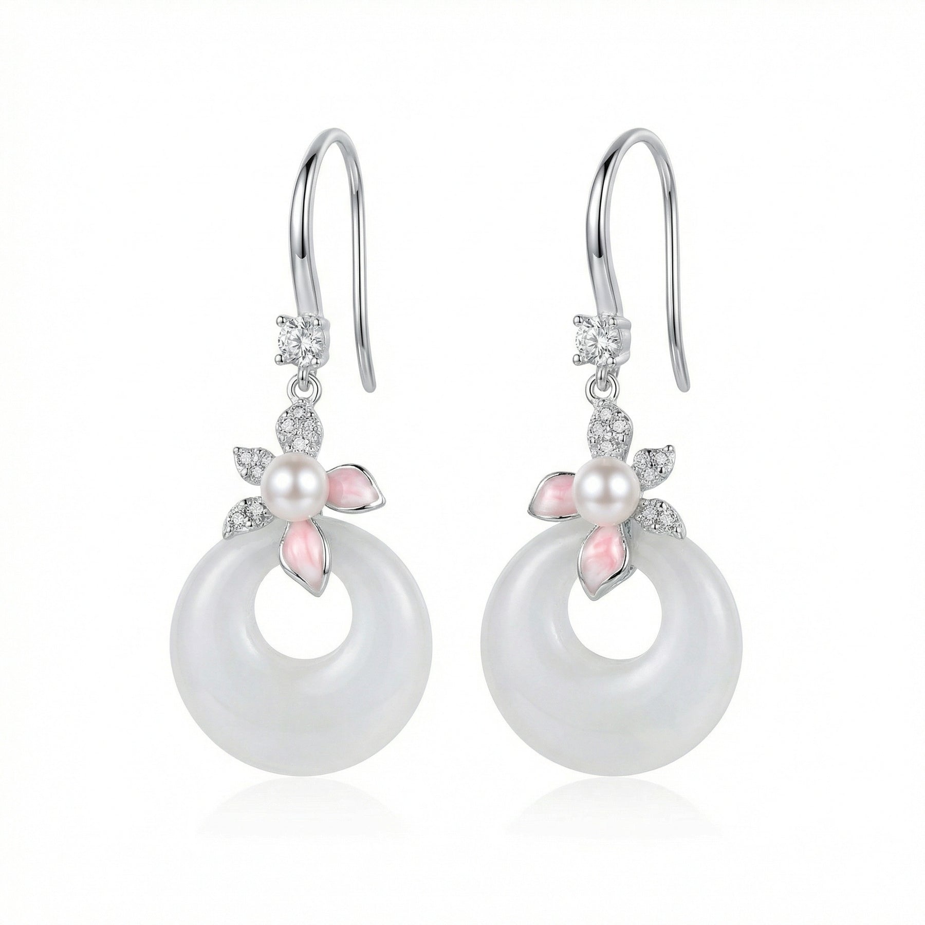 White Jade and Pearl Floral Drops – jade earrings