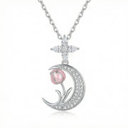 Crescent Moon Pink Tulip Necklace – sterling silver necklace