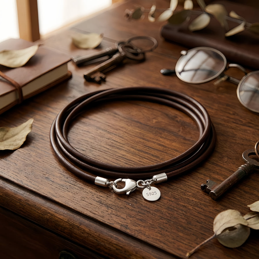 Brown Cord Necklace with S Charm – sterling silver necklace, side detail
