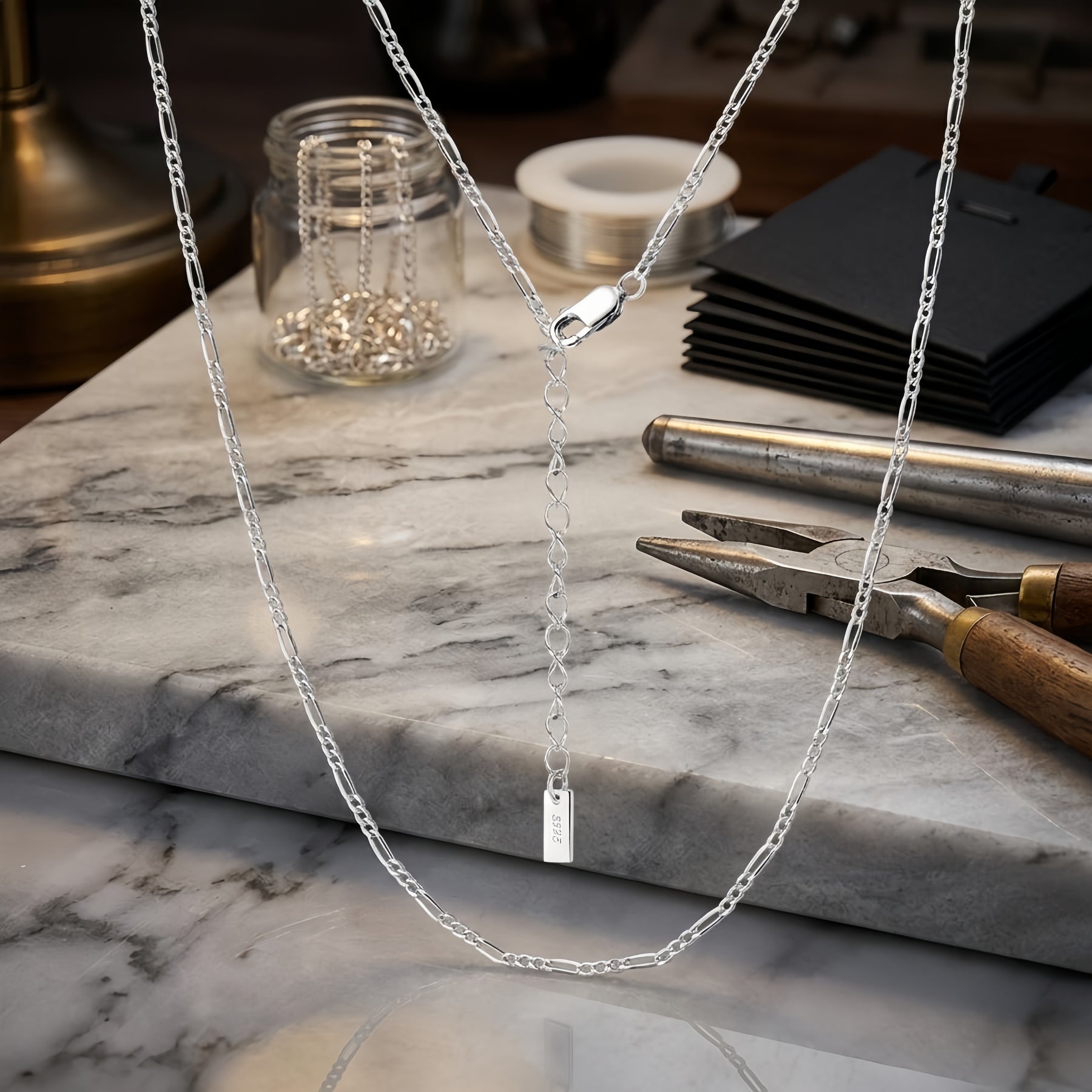 Figaro Link Chain Necklace – sterling silver necklace, side detail