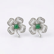 Four-Leaf Clover Green Gemstone Studs – sterling silver earrings, side detail