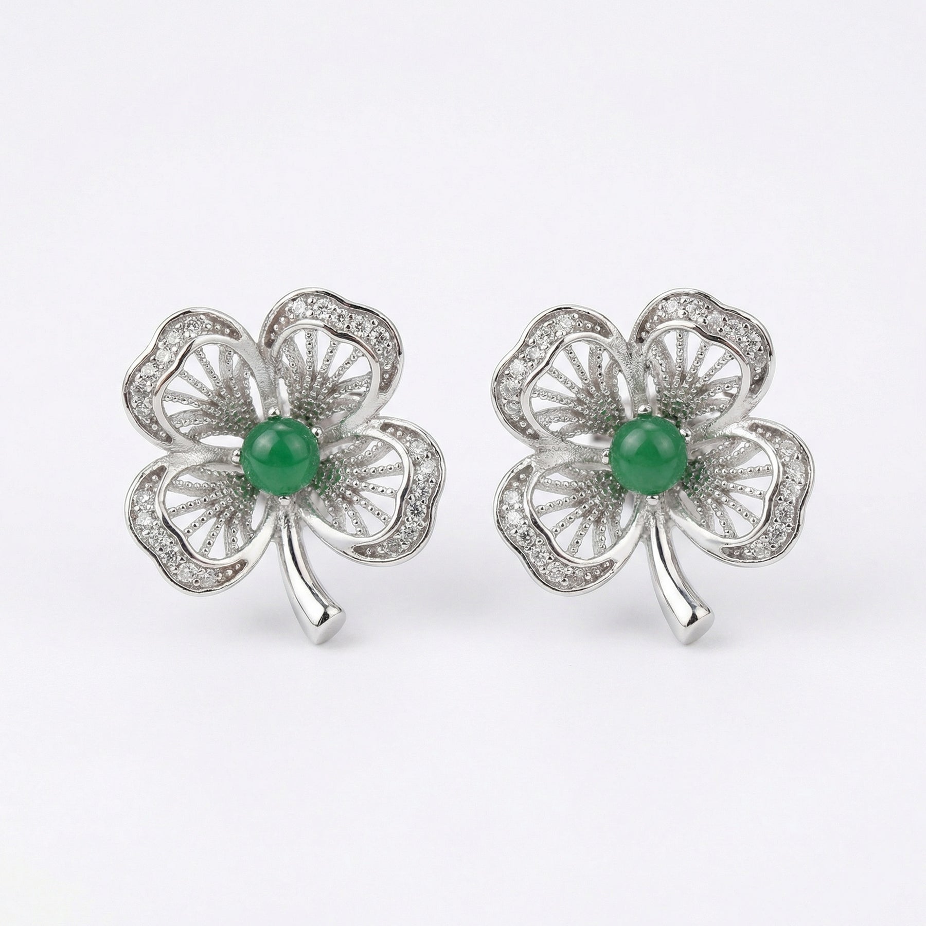 Four-Leaf Clover Green Gemstone Studs – sterling silver earrings, side detail