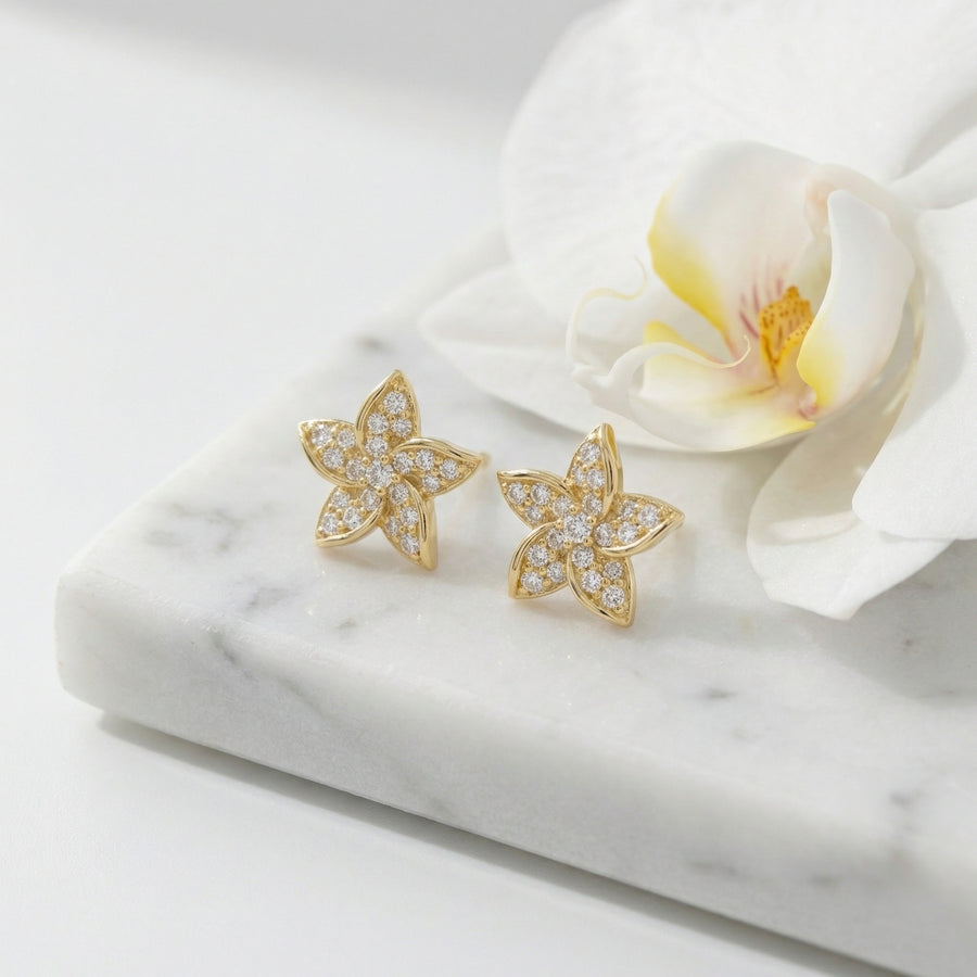 Five-Petal Floral Sparkling stone Studs – sterling silver earrings, side detail