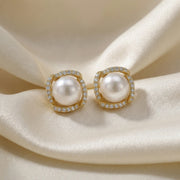 Pearl Studs in Square Frame – pearl earrings, front view