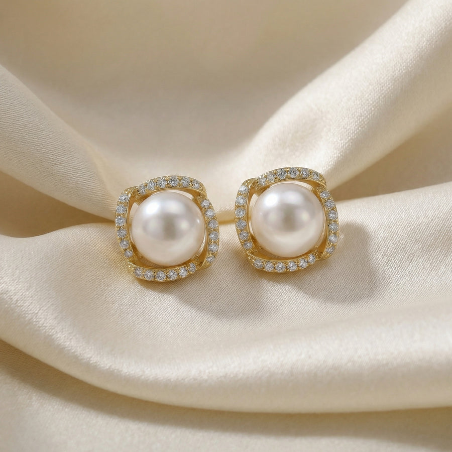 Pearl Studs in Square Frame – pearl earrings, front view