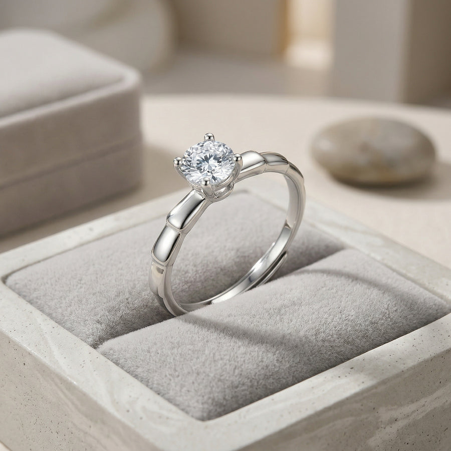Round Solitaire Ring with Pavé Accents – sterling silver ring, front view