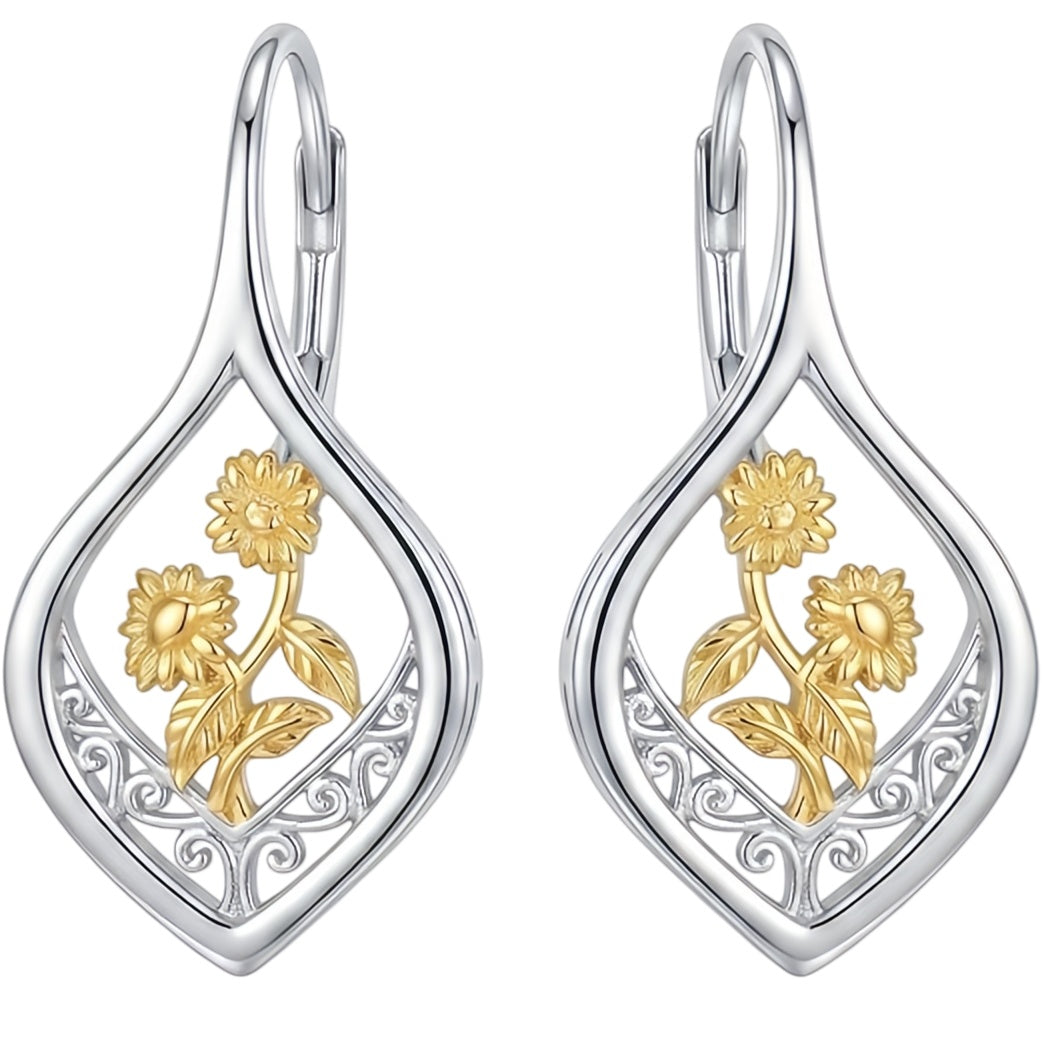 Sunflower Filigree Dangle Earrings – gold-plated earrings, side detail