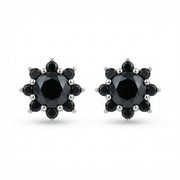 Floral Black Gemstone Cluster Studs – sterling silver earrings, close-up