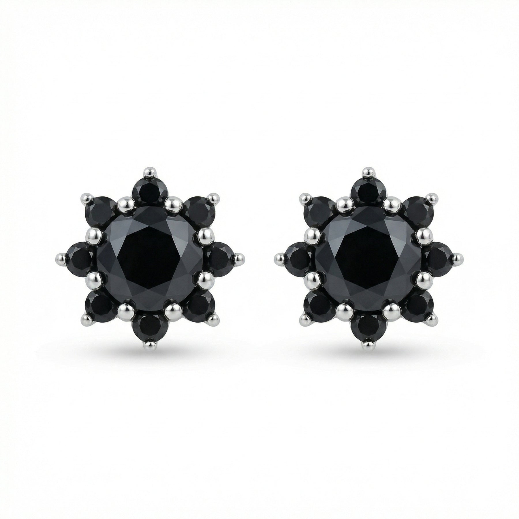 Floral Black Gemstone Cluster Studs – sterling silver earrings, close-up